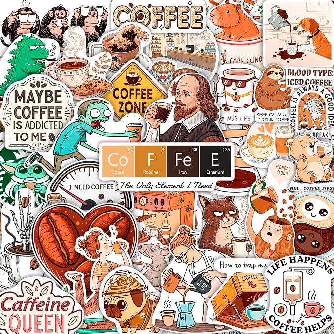 100Pcs Funny Coffee Stickers for Cups, Water Bottles & Scrapbook by BulbaCraft