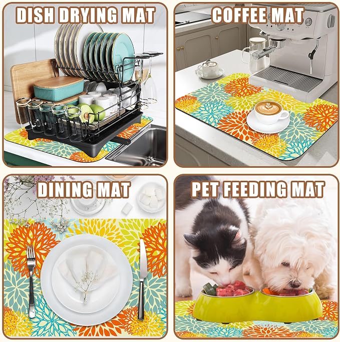 Orange and Blue Chrysanthemum Flower Coffee Mat Absorbent Dish Drying Mat Hide - Image 7