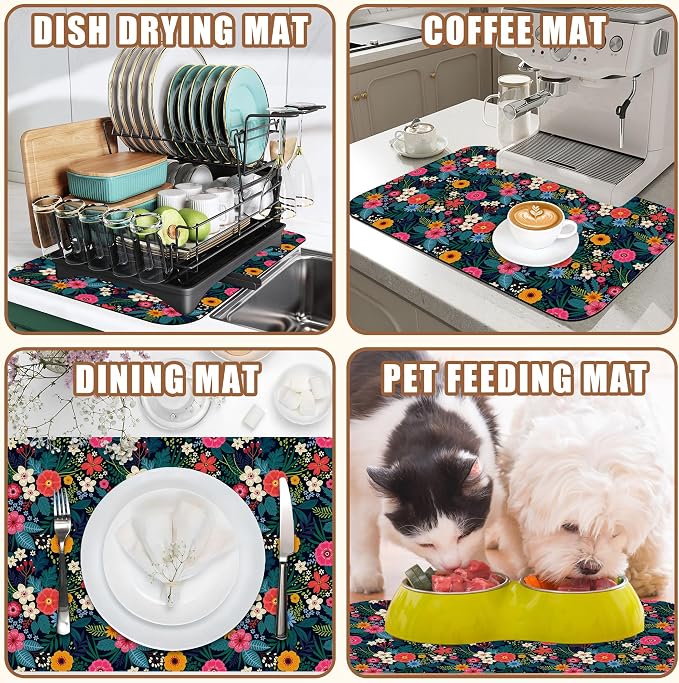 Dish Drying Mat Colorful Flowers and Leaves Coffee Bar Mat - Image 7