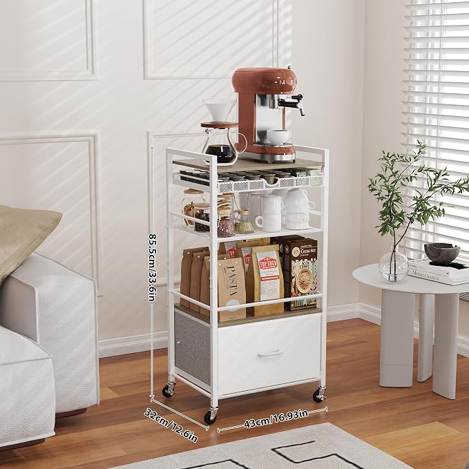 Coffee Bar Cabinet with Storage，5 Tier Coffee Station Table on Wheels, 33.6" H - Image 2