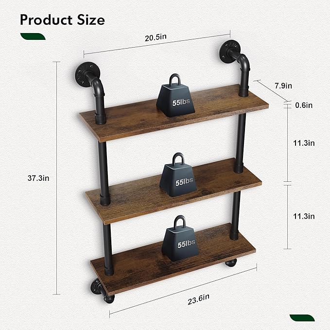 Merapi 24" Industrial Floating Shelves, Pipe Shelves - Image 3