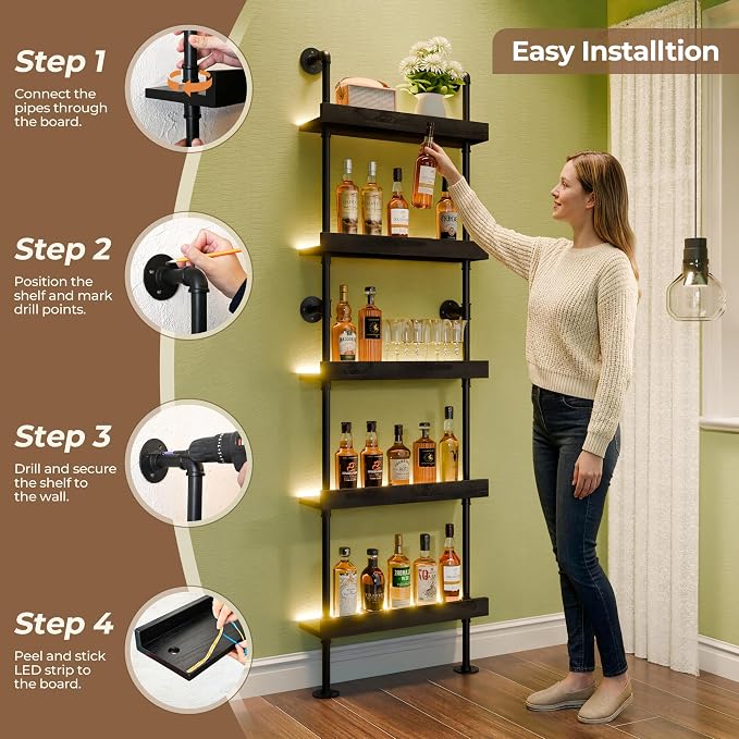 Wall Mounted Wine Rack with LED Light, LED Industrial Pipe Liquor Bar Shelves - Image 4