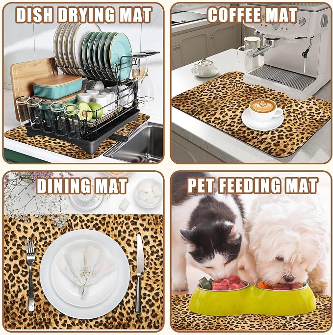 Leopard Print Dish Drying Mat for Kitchen Counter Coffee Bar Mat Hide Stain - Image 7