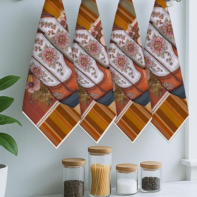 Cowboy Boots Kitchen Towels Set of 4, Western Rustic Flowers Stripes Fall Brown - Image 6