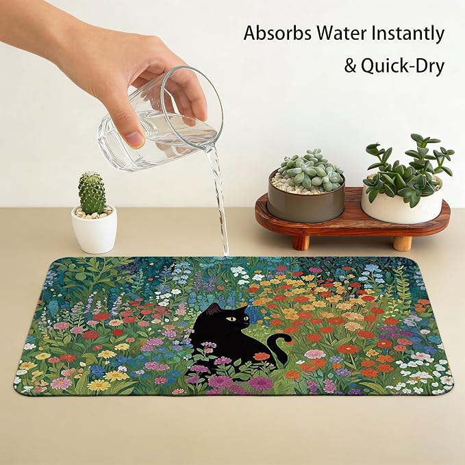 Black Cat Wildflower Dish Drying Mat, Cat Lover Gifts, Abstract Floral - Image 7