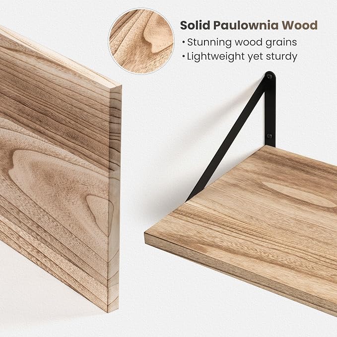 Marsmiles Deep Floating Shelves | 12 Inch Deep Light Wood Wall Shelves Set of 2 - Image 5