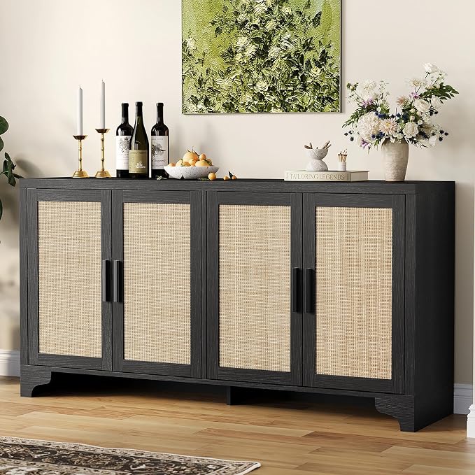 GarveeHome 4-Door Sideboard Buffet Cabinet, Natural Rattan Storage Cabinet by GarveeHome