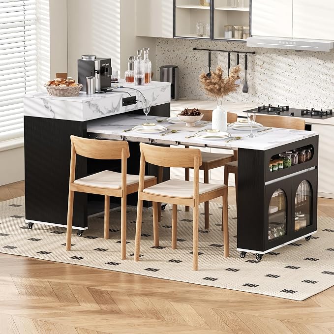 Rolling Kitchen Island with Extendable Dining Table & Power Outlet, 73.8’’ by Amposei