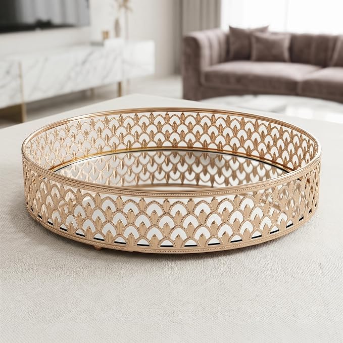 12 Inch Glass and Gold Round Tray Set of 2，Dinner Plate Perfume and Vanity Tray - Image 3