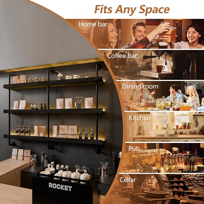 Wall Mounted Wine Rack with LED Light, LED Industrial Pipe Liquor Bar Shelves - Image 6