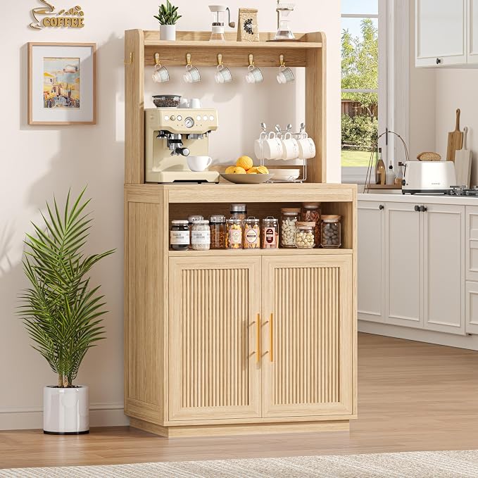 Fluted Coffee Bar Cabinet with Storage, Coffee Station with Adjustable Shelf - Image 3