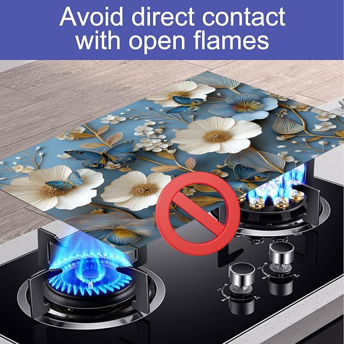 lue Butterfly Floral Stove Top Cover 28.3 x 20.5 Inches, Heat Resistant Glass - Image 6