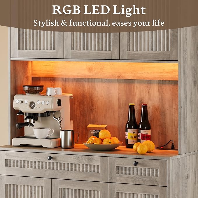 BORNOON Pantry Cabinet with Charging Station and Light, Tall Kitchen Pantry - Image 5