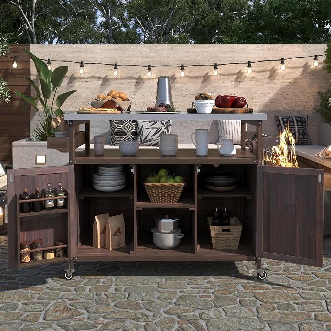 Merax Wood Outdoor Kitchen Island, Stainless Steel Kitchen Island - Image 2
