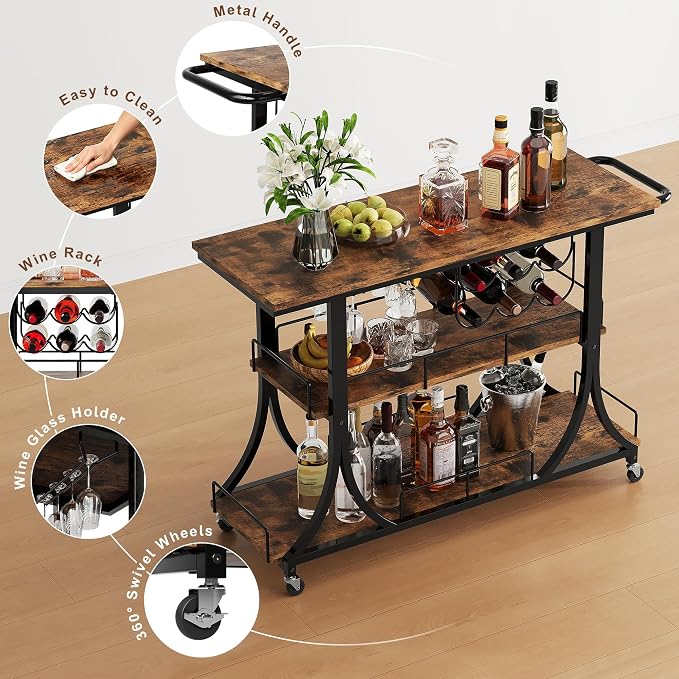 PETKABOO 3-Tier Rustic Wooden Bar Cart - Image 5