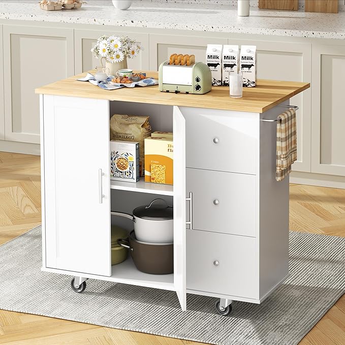 Shintenchi Kitchen Island with Folding Drop Leaf, Rolling Island Table with - Image 2
