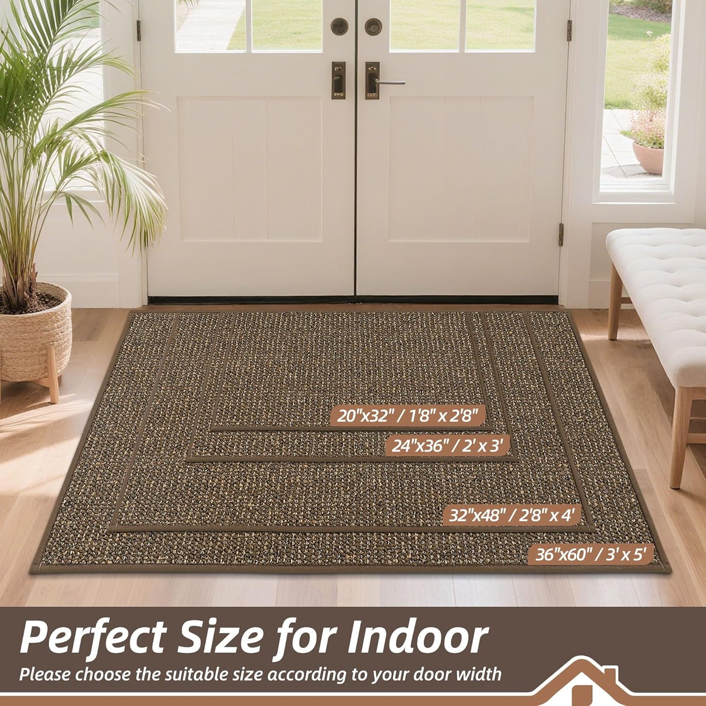 BEQHAUSE Dirt Trapper Door Mat 20" x 32", Non-Slip Washable Doormats Entrance Mat, Dirt Resistant and Absorbent Welcome Mat, Low Profile Floor Mats for Front Back Door and Entryway, Brown