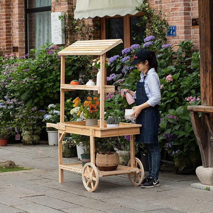 Vintiquewise Antique Solid Wood Decor Display Rack Cart Wood Plant Stands - Image 2