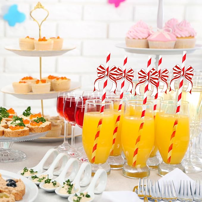Red Bow Drinking Straws, Disposable Straw, Party Supplies - Image 3