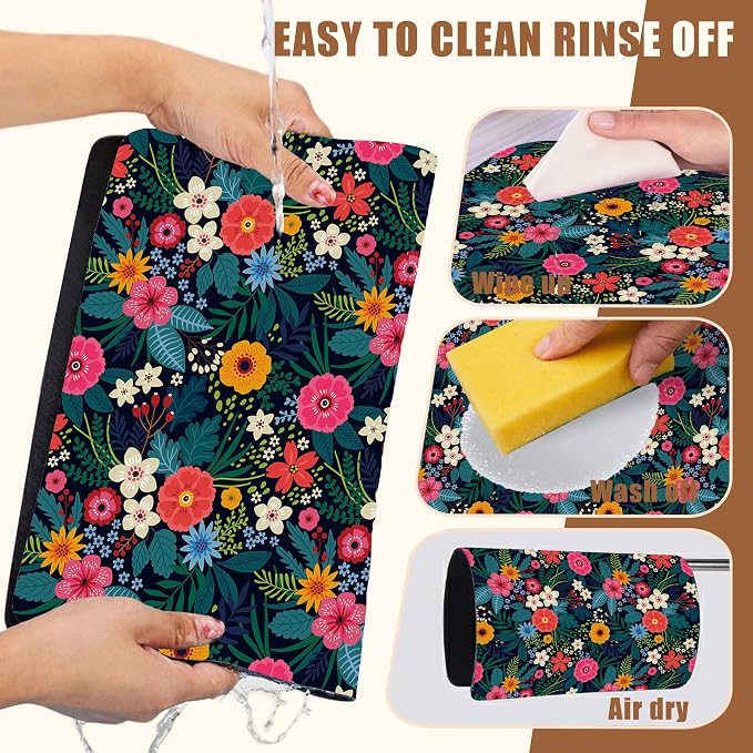 Dish Drying Mat Colorful Flowers and Leaves Coffee Bar Mat - Image 5