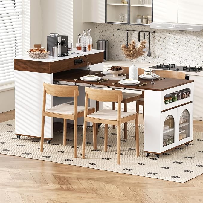 Rolling Kitchen Island with Extendable Dining Table & Power Outlet, 73.8’’ by Amposei