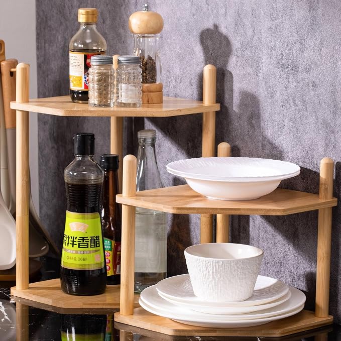 3-Tier Expandable Bamboo Corner Shelf - Image 2