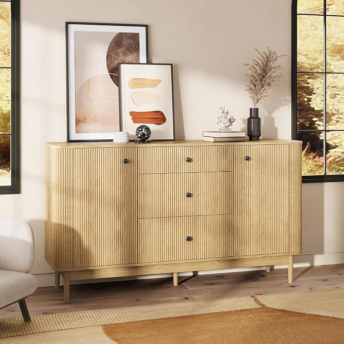 59" Buffet Cabinet with Drawers, Large Fluted Sideboard Buffet Storage Cabinet - Image 3