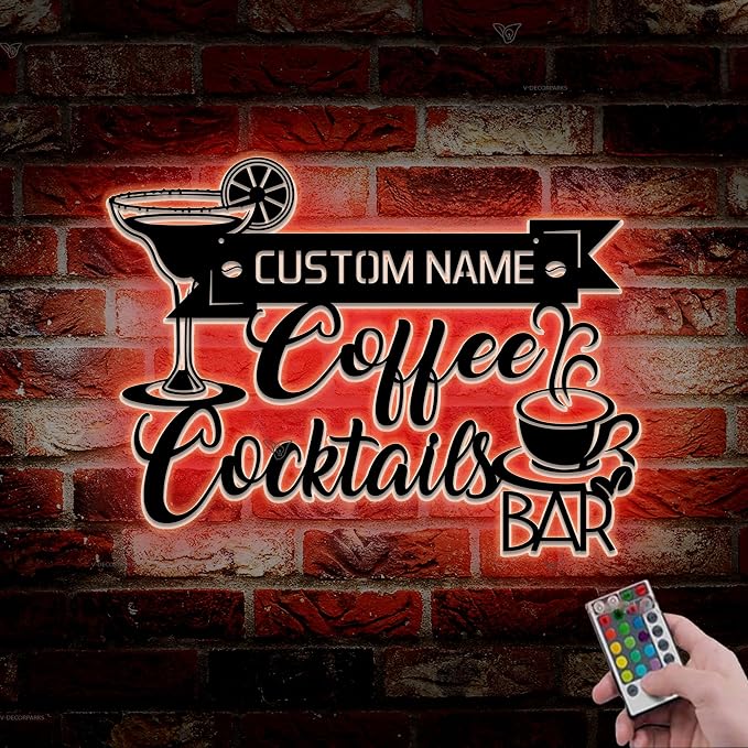 Cocktail And Coffee Metal Wall Art LED Lights, Lighted Bar LED Custom Name Sign - Image 2