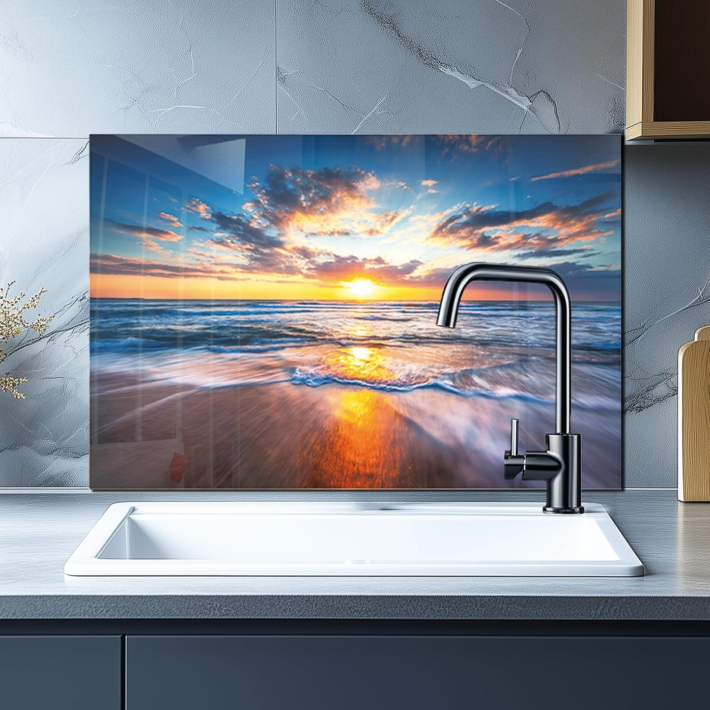 Tempered Glass Backsplash For Kitchen Behind Stove,Sea Beach Stove Backsplash Top Cover,Easy to Clean Glass Splashback, Sink Cover Splash Guard,Home Kitchen Wall Decor (30"x30"(76.2x76.2cm))