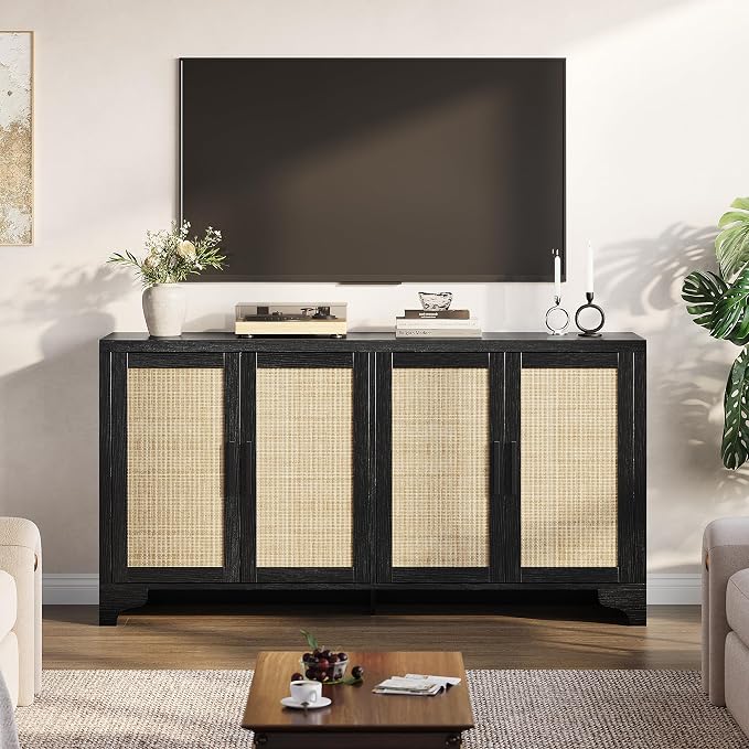 GarveeHome 4-Door Sideboard Buffet Cabinet, Natural Rattan Storage Cabinet - Image 3