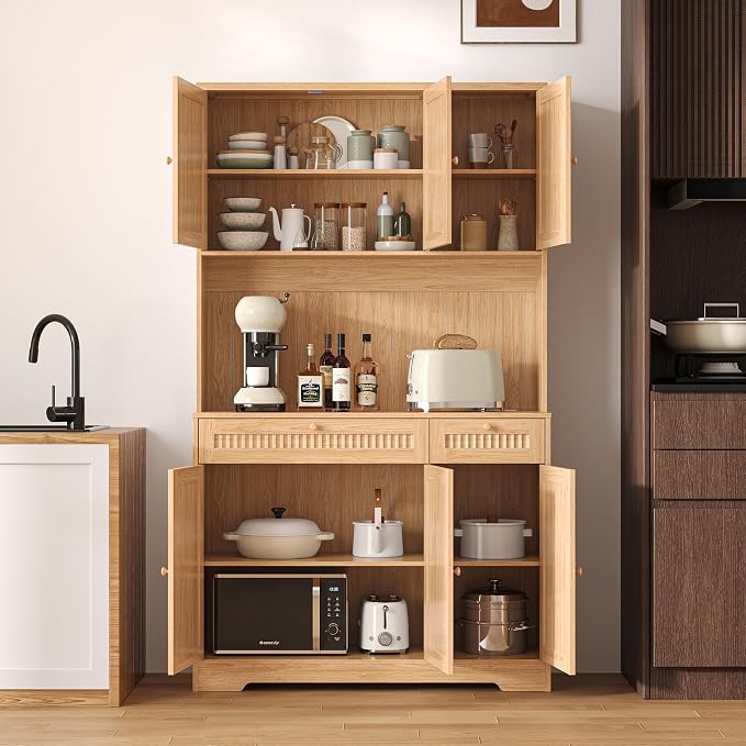 Pantry Storage Cabinet with Charging Station, Kitchen Storage with Adjustable - Image 3