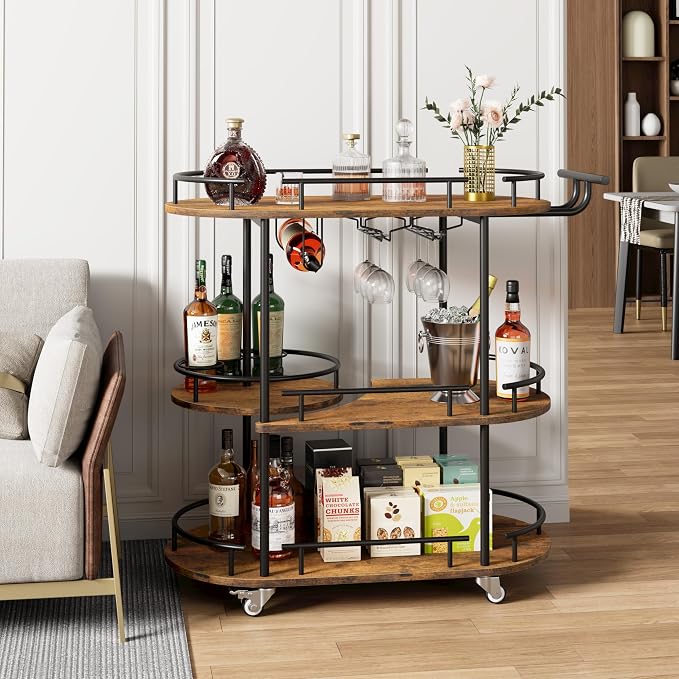 Garvee Bar Serving Cart with Wine Rack and Glass Holder, 3-Tier Rolling Serving - Image 3
