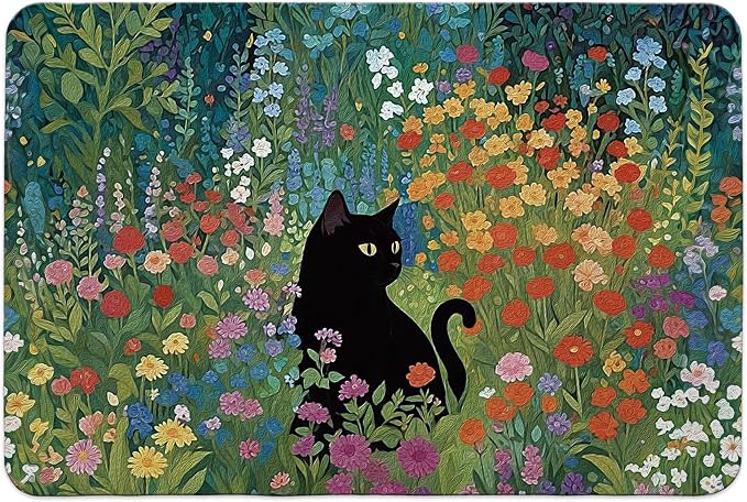 Black Cat Wildflower Dish Drying Mat, Cat Lover Gifts, Abstract Floral by Unknown