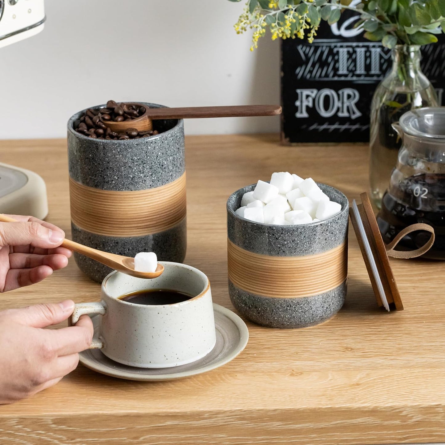 Small Ceramic Jar with Lid, Coffee Container, Coffee Canisters with Airtight Lids Kitchen Food Storage Jars for Spice Sugar Tea Bag, Mini Decorative Jars for Countertop, Grey & 5 fl.oz