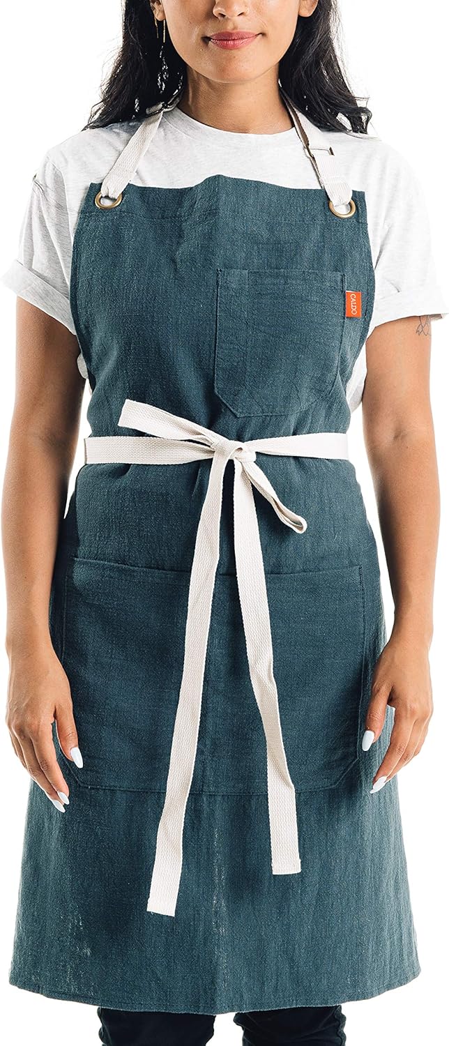 Caldo Linen Kitchen Apron - Mens and Womens Linen Bib Apron - Adjustable with Pockets (Spruce)