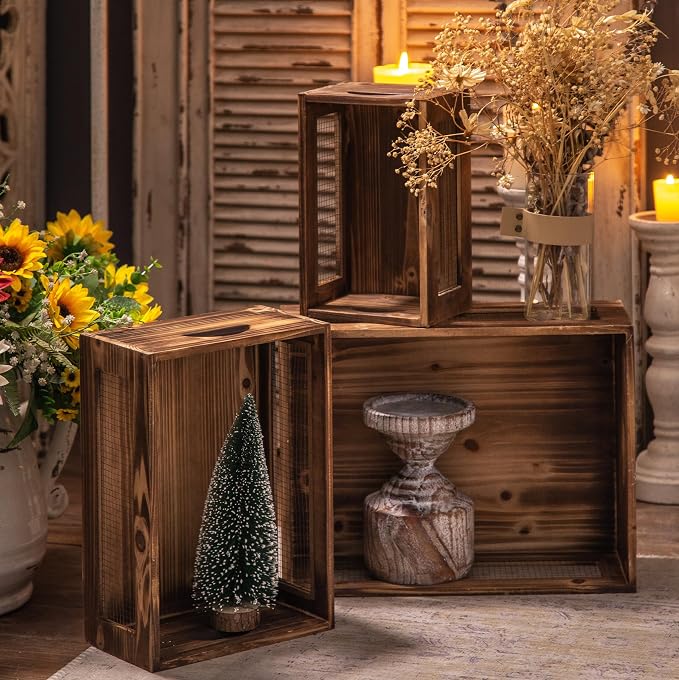 Rustic Wooden Crates for Storage Set of 3, Decorative Storage Containers - Image 8
