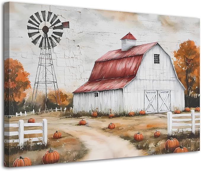 Country Autumn Landscape Canvas Wall Art Farmhouse Barn Windmill Pictures Wall by Unknown