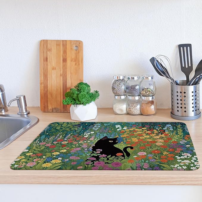 Black Cat Wildflower Dish Drying Mat, Cat Lover Gifts, Abstract Floral - Image 2