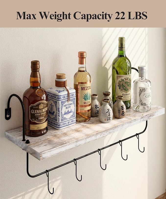 Wall Mount Floating Shelves, Wooden Coffee Bar Hanging Storage Shelf Rustic Cup - Image 4