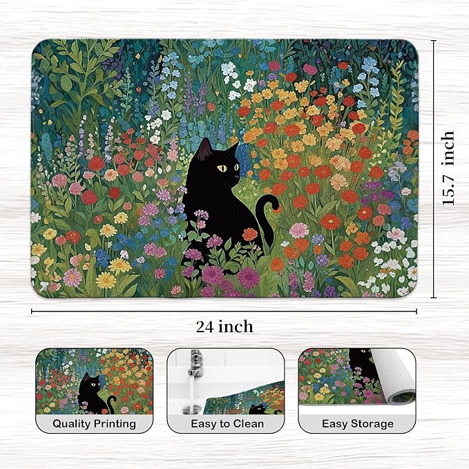 Black Cat Wildflower Dish Drying Mat, Cat Lover Gifts, Abstract Floral - Image 3