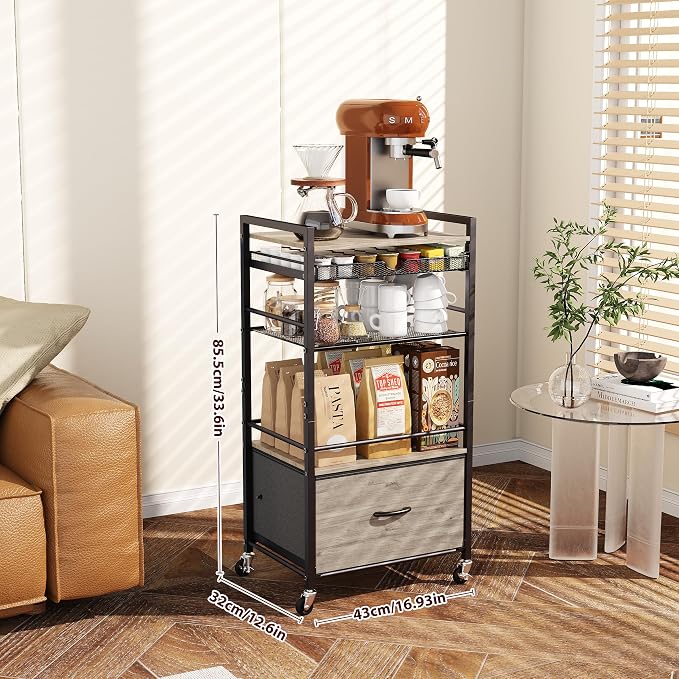 Coffee Bar Cabinet with Storage，5 Tier Coffee Station Table on Wheels, 33.6" H - Image 2