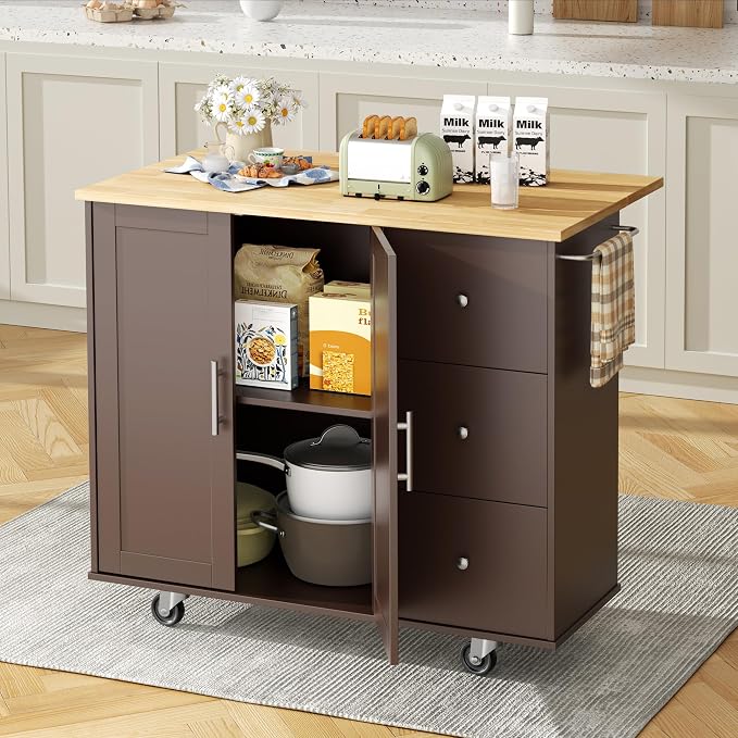 Shintenchi Kitchen Island with Folding Drop Leaf, Rolling Island Table with - Image 2