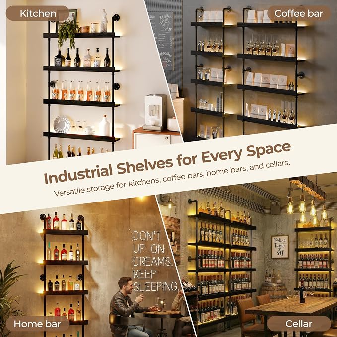 Wall Mounted Wine Rack with LED Light, LED Industrial Pipe Liquor Bar Shelves - Image 8