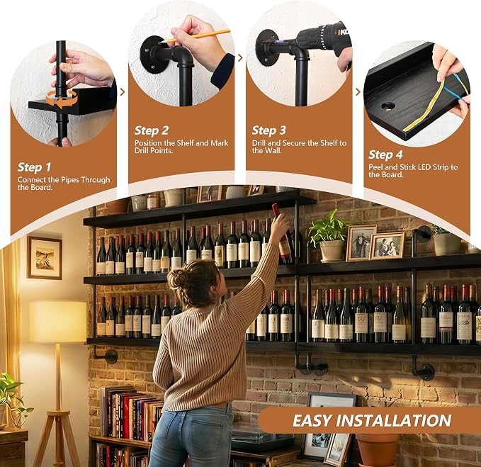Wall Mounted Wine Rack with LED Light, LED Industrial Pipe Liquor Bar Shelves - Image 5