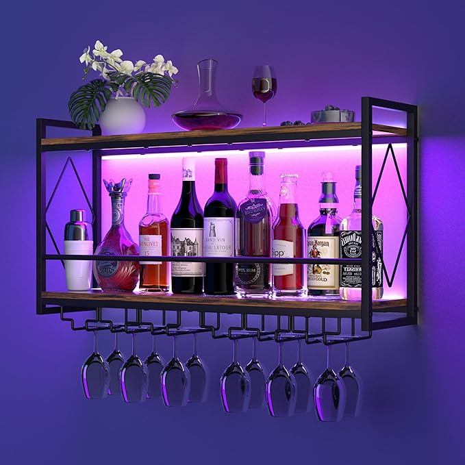 Wall Mounted Wine Rack with LED Light, 31.5" Bar Liquor Shelves with Glass by Nidouillet