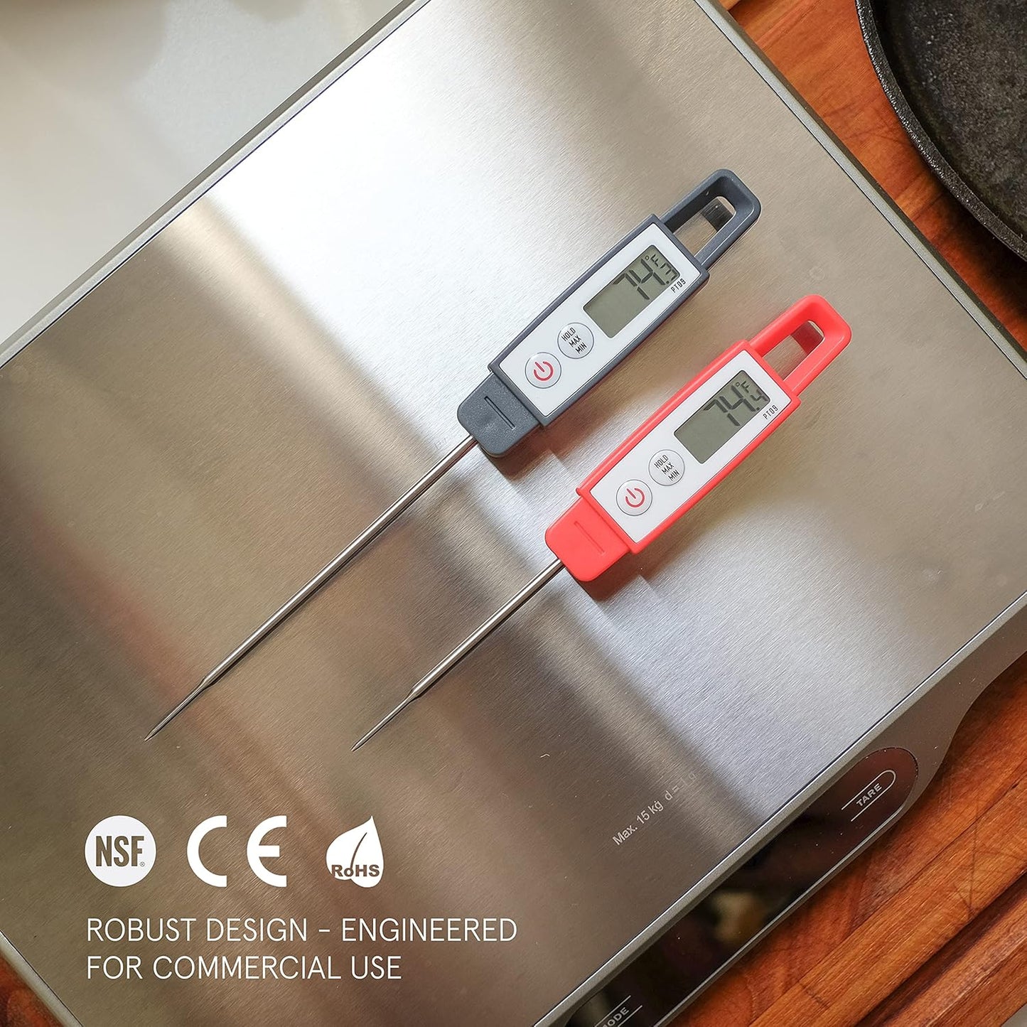 Lavatools PT09 Super-Quick Commercial Grade Digital Thermometer for Cooking, Meat, Candy, Candle, Liquid, Oil, 4.5" Compact Probe, Splash Proof, °C/°F Toggle, Hold Function - Sesame