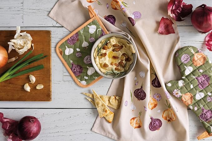 Now Designs Aromatics Dishtowel, Watercolor Onions & Garlic Print, 100% Cotton - Image 2