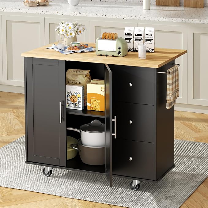 Shintenchi Kitchen Island with Folding Drop Leaf, Rolling Island Table with - Image 2