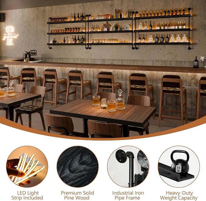 Wall Mounted Wine Rack with LED Light, LED Industrial Pipe Liquor Bar Shelves - Image 3