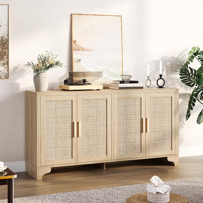 GarveeHome 4-Door Sideboard Buffet Cabinet, Natural Rattan Storage Cabinet - Image 6